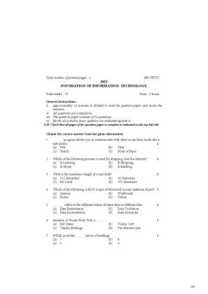Nagaland Board Class 10 Foundation of Information Technology 2021 Question Paper