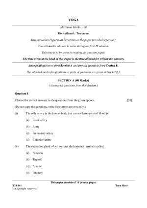 ICSE Class 10 YOGA 2024 Question Paper