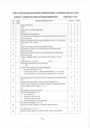 Kerala Plus One 2019 COMPUTER APPLICATION (HUMANITIES) Answer Key