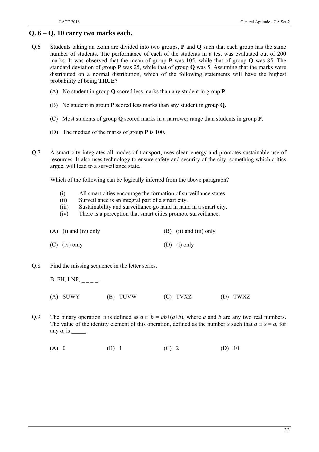 GATE 2016 Biotechnology (BT) Question Paper with Answer Key - Page 2