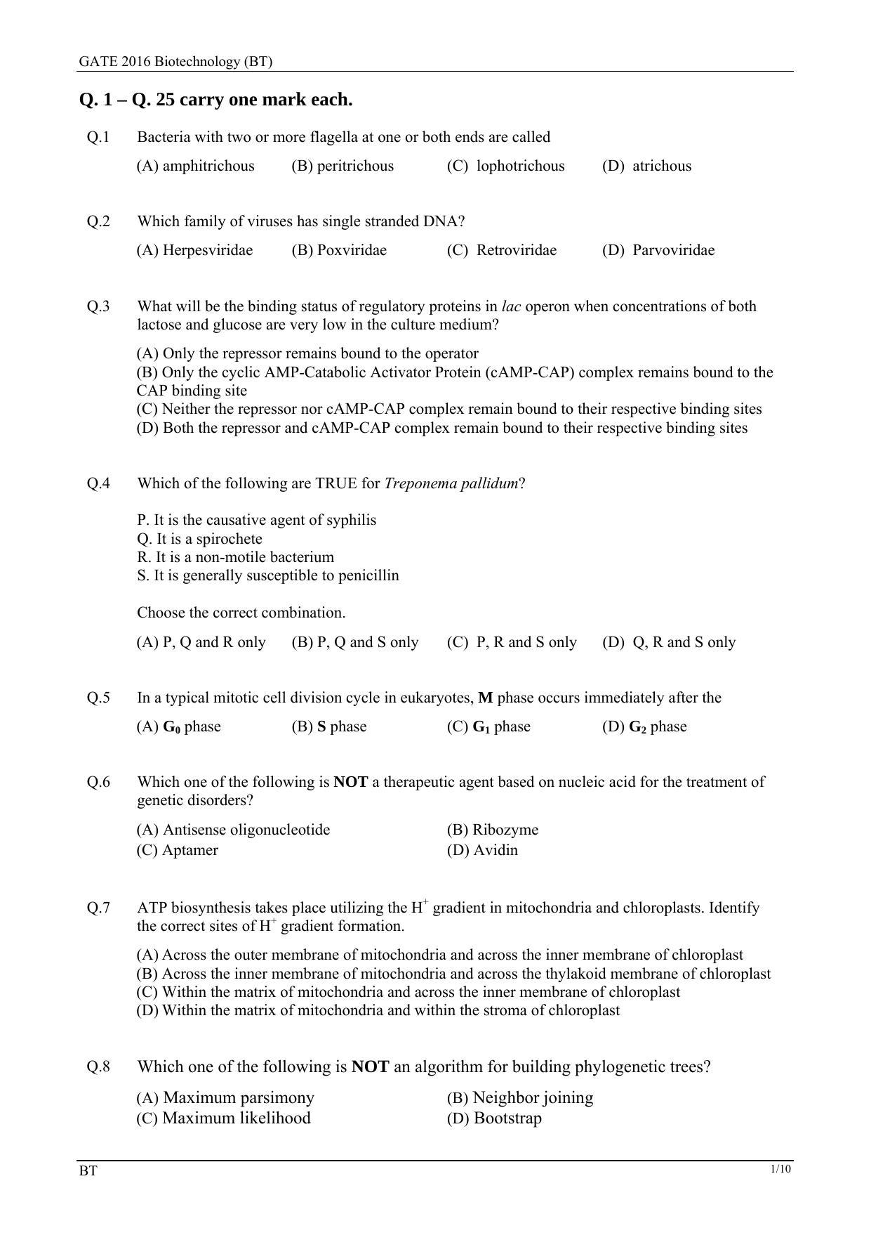 GATE 2016 Biotechnology (BT) Question Paper with Answer Key - Page 4