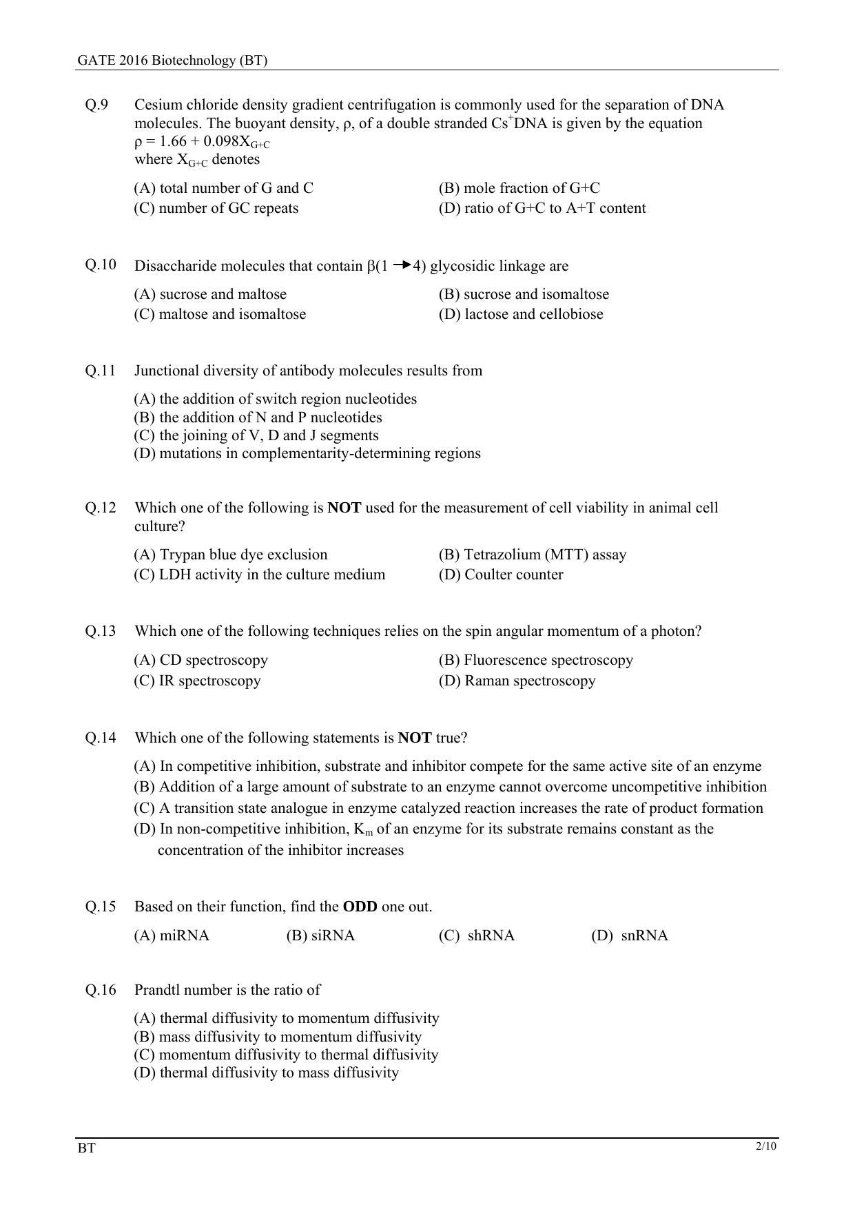 GATE 2016 Biotechnology (BT) Question Paper with Answer Key - Page 5