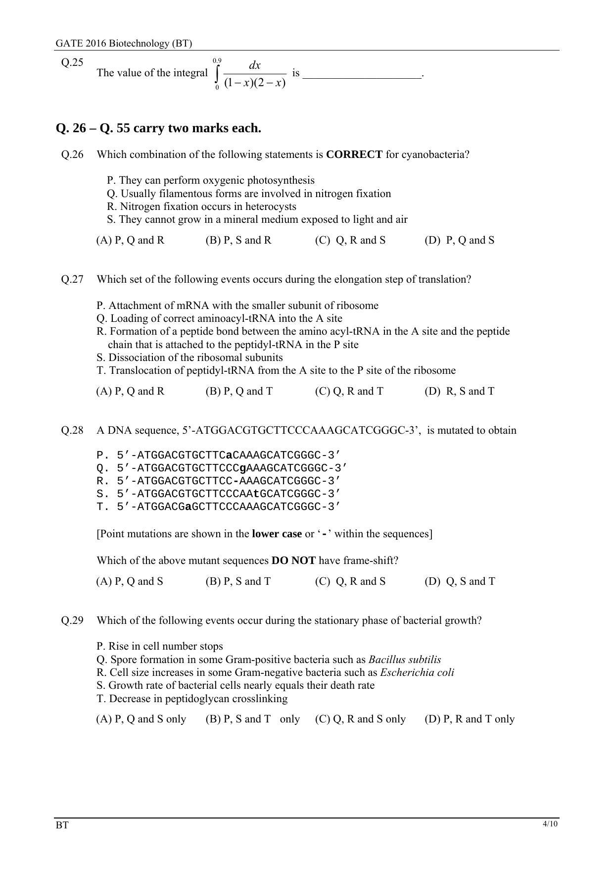 GATE 2016 Biotechnology (BT) Question Paper with Answer Key - Page 7