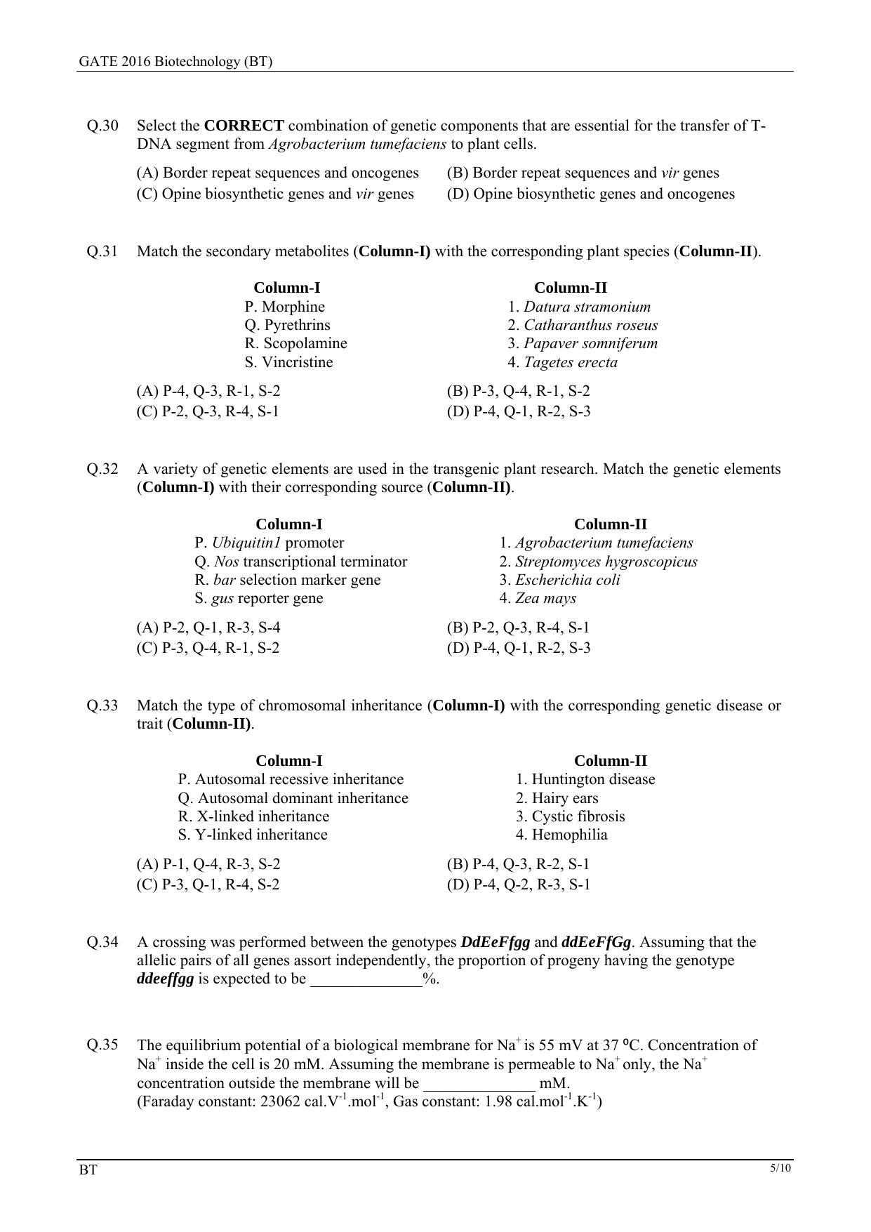 GATE 2016 Biotechnology (BT) Question Paper with Answer Key - Page 8