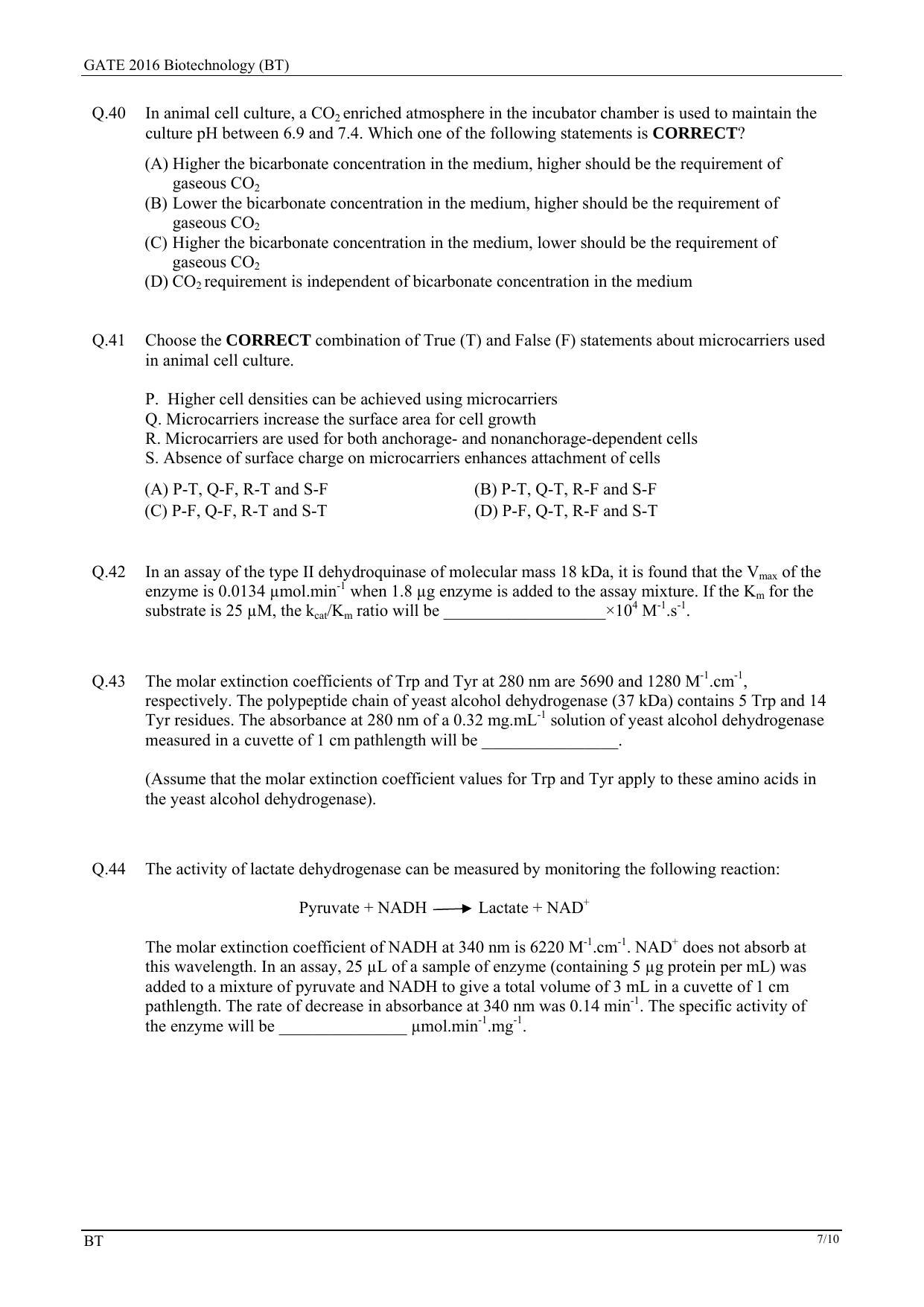 GATE 2016 Biotechnology (BT) Question Paper with Answer Key - Page 10