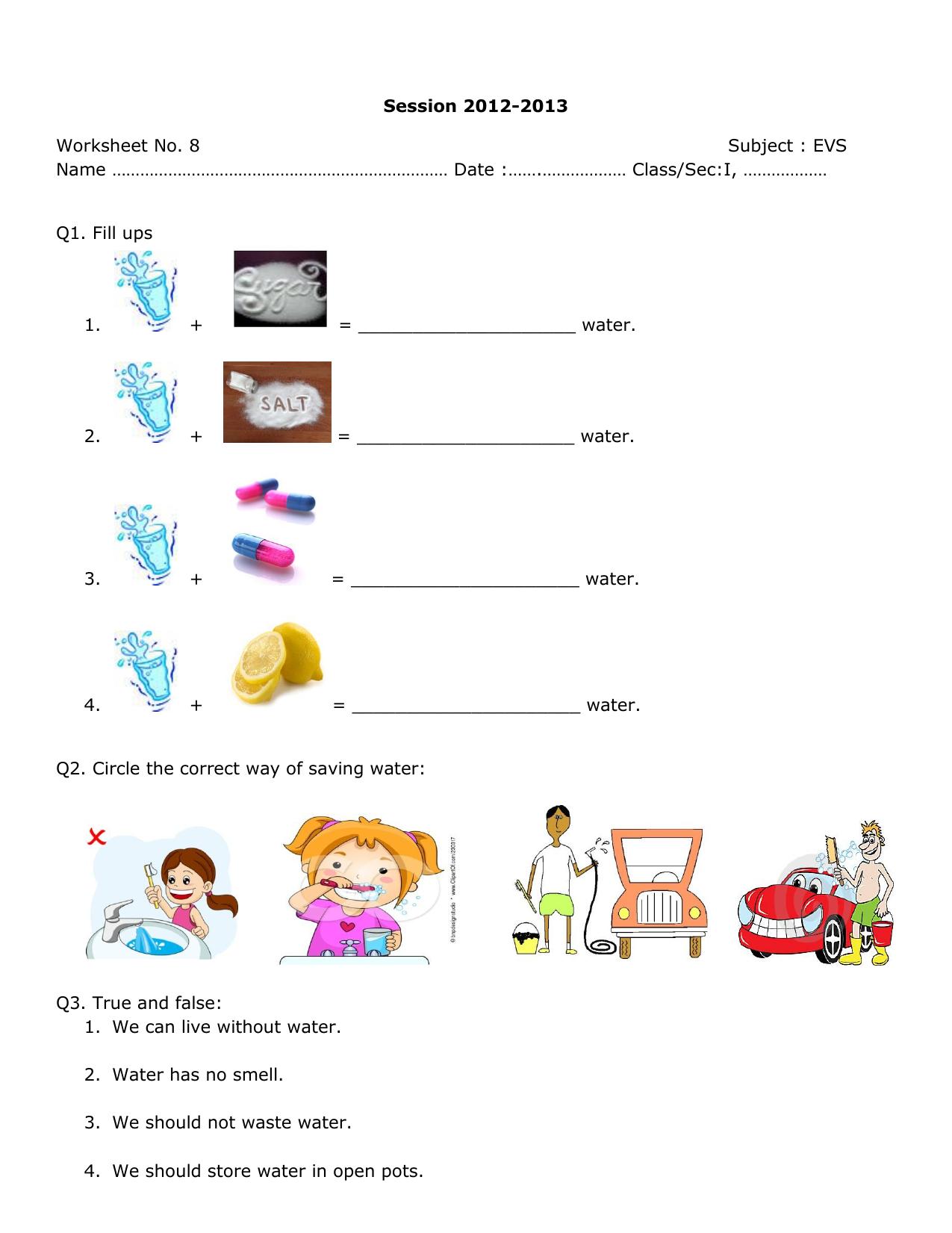 Worksheet for Class 1 EVS Assignment 9 - Page 1