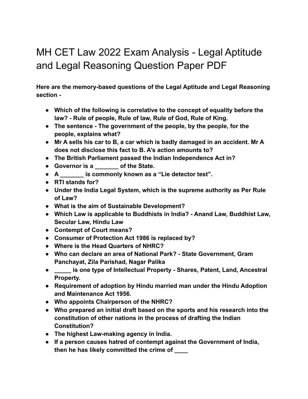 MH CET Law 2022 Question Paper for Legal Aptitude and Legal Reasoning - Page 1