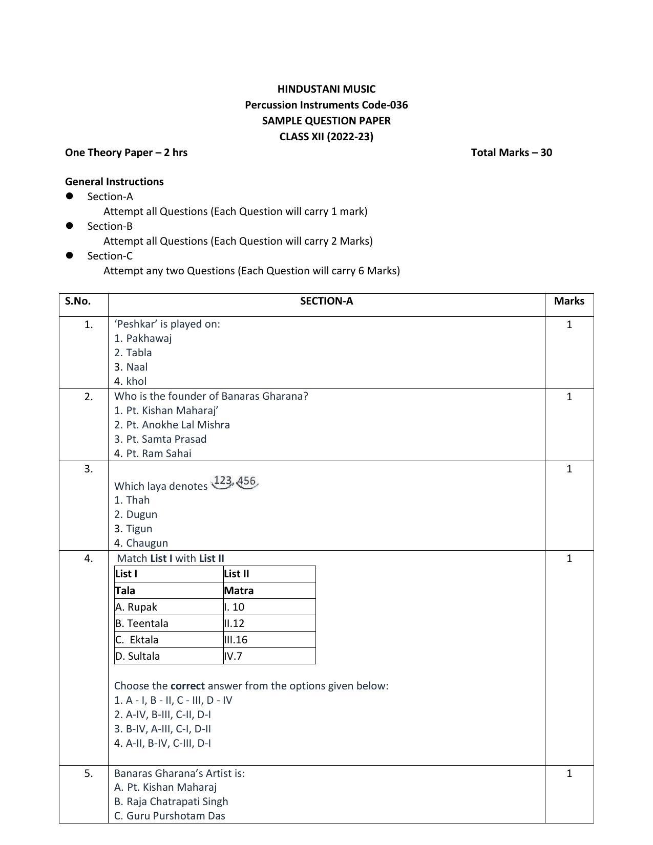 CBSE Class 12 Hindustani Music (Percussion) Sample Paper 2023 - Page 1