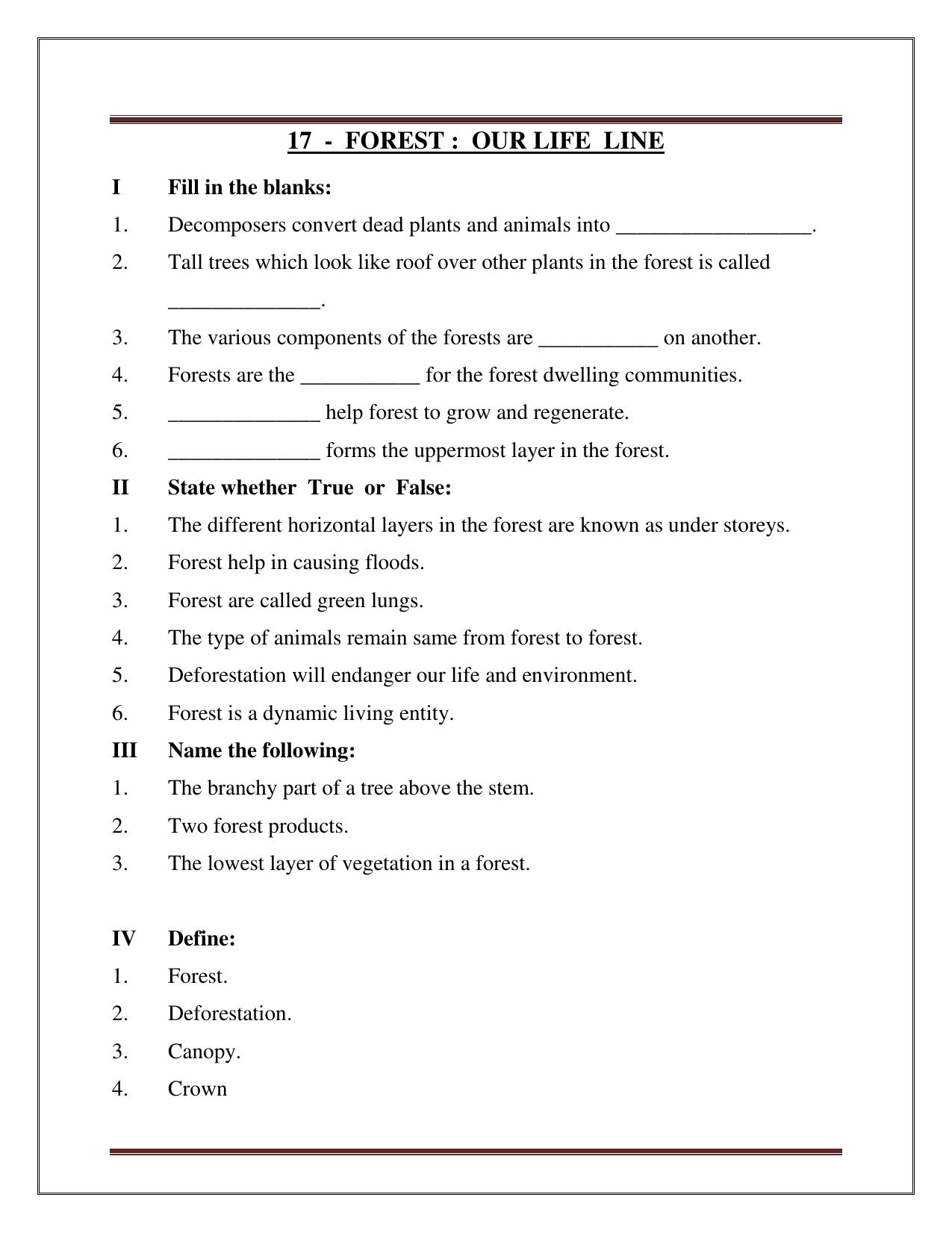 CBSE Worksheets for Class 7 Science Forest – Our Life Line Assignment - Page 1
