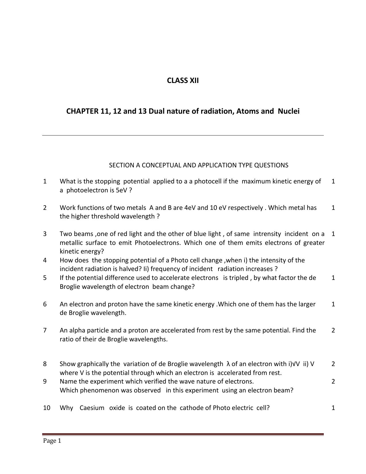 CBSE Worksheets for Class 12 Physics Dual nature of radiation Atoms and Nuclei - Page 1