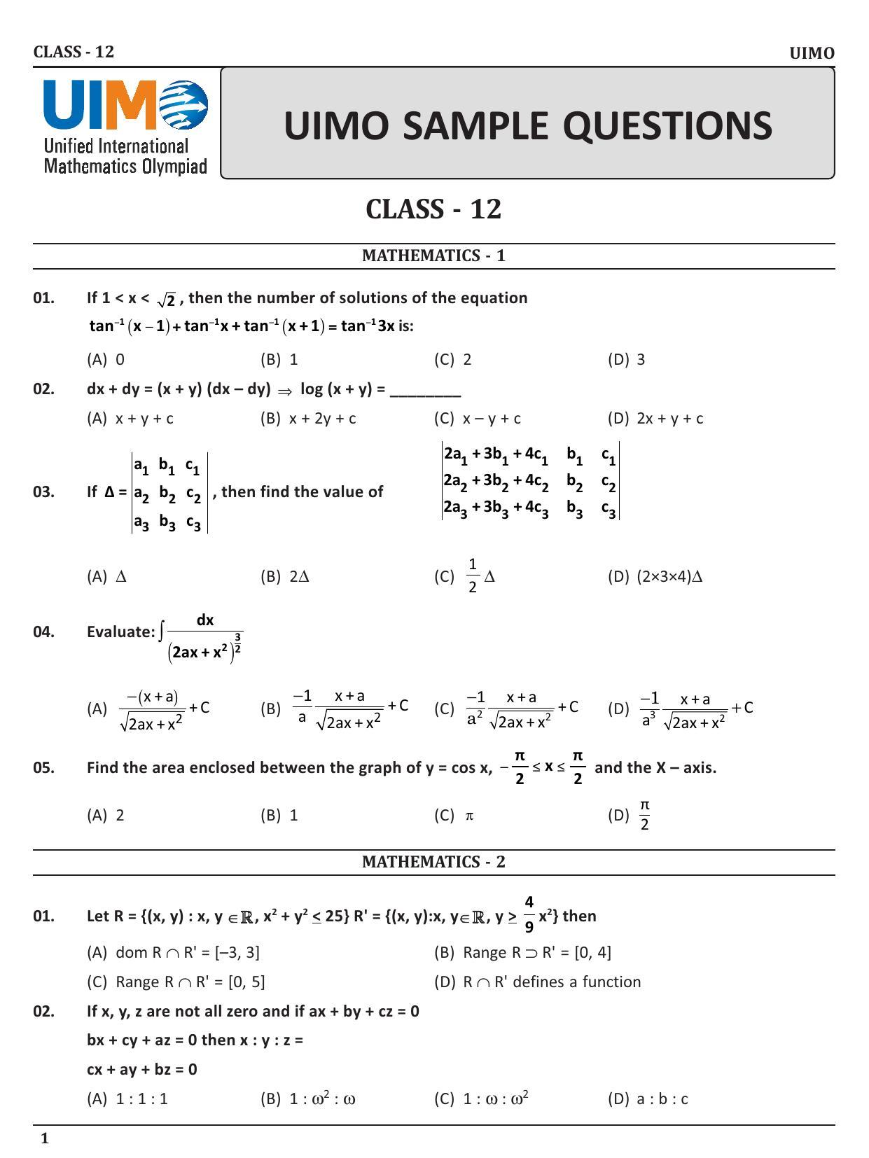 UIMO Class 12 2023 Sample Paper - Page 1