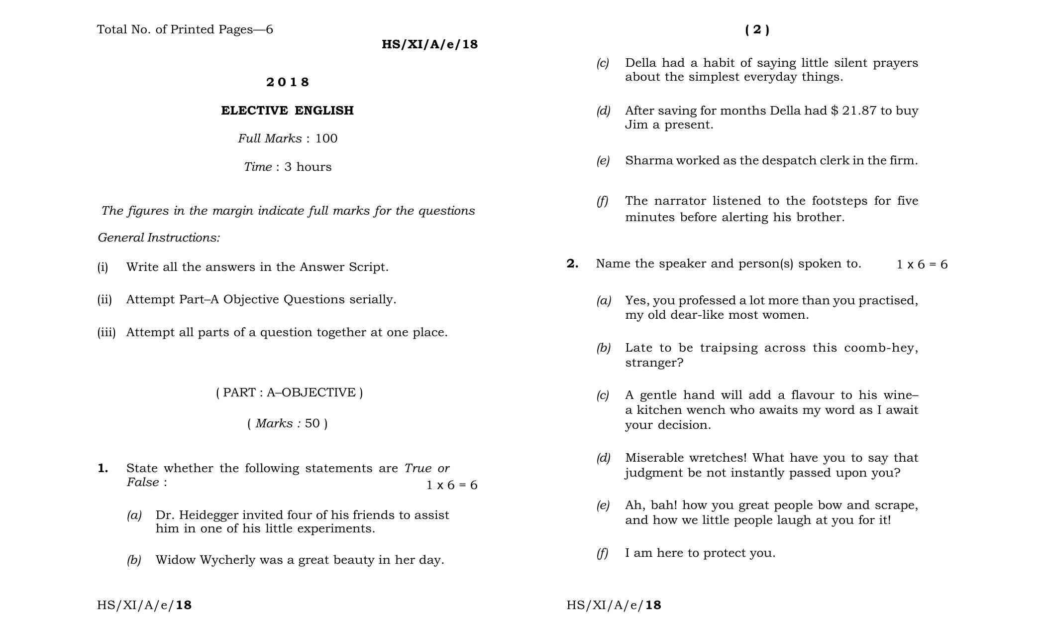 Meghalaya Board (MBOSE) Class 11 Elective_English 2018 Question Paper - Page 1