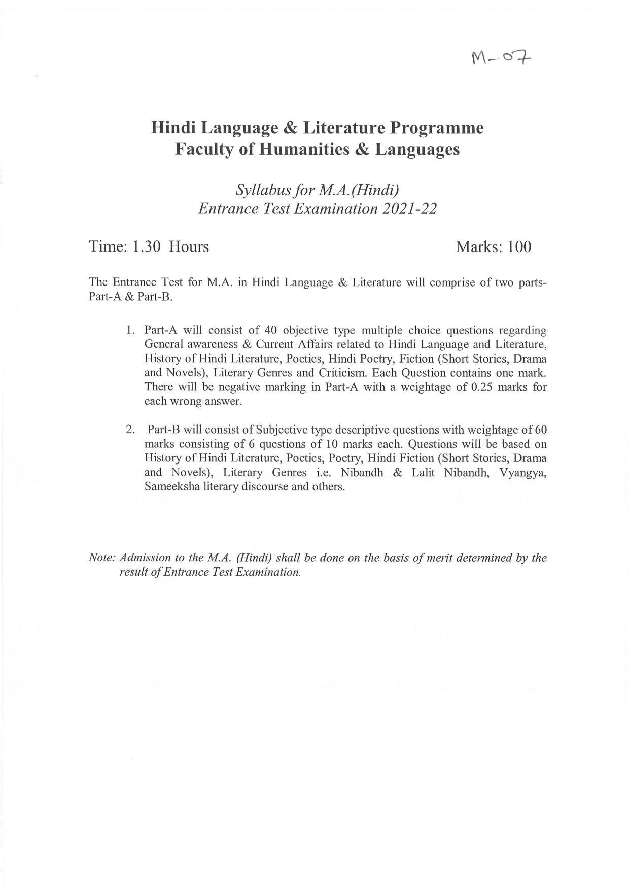 JMI Entrance Exam M07-M.A. Hindi Syllabus - Page 1