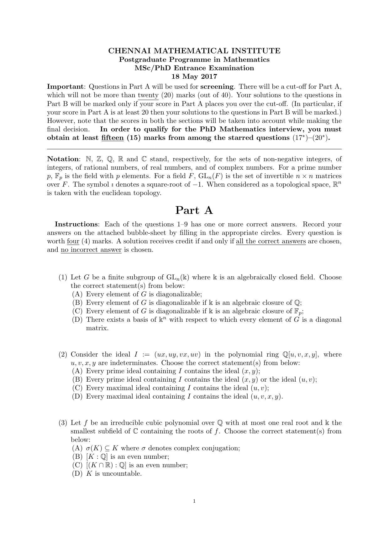 CMI Entrance Exam 2017 Question Paper MSc/PhD Mathematics - Page 5