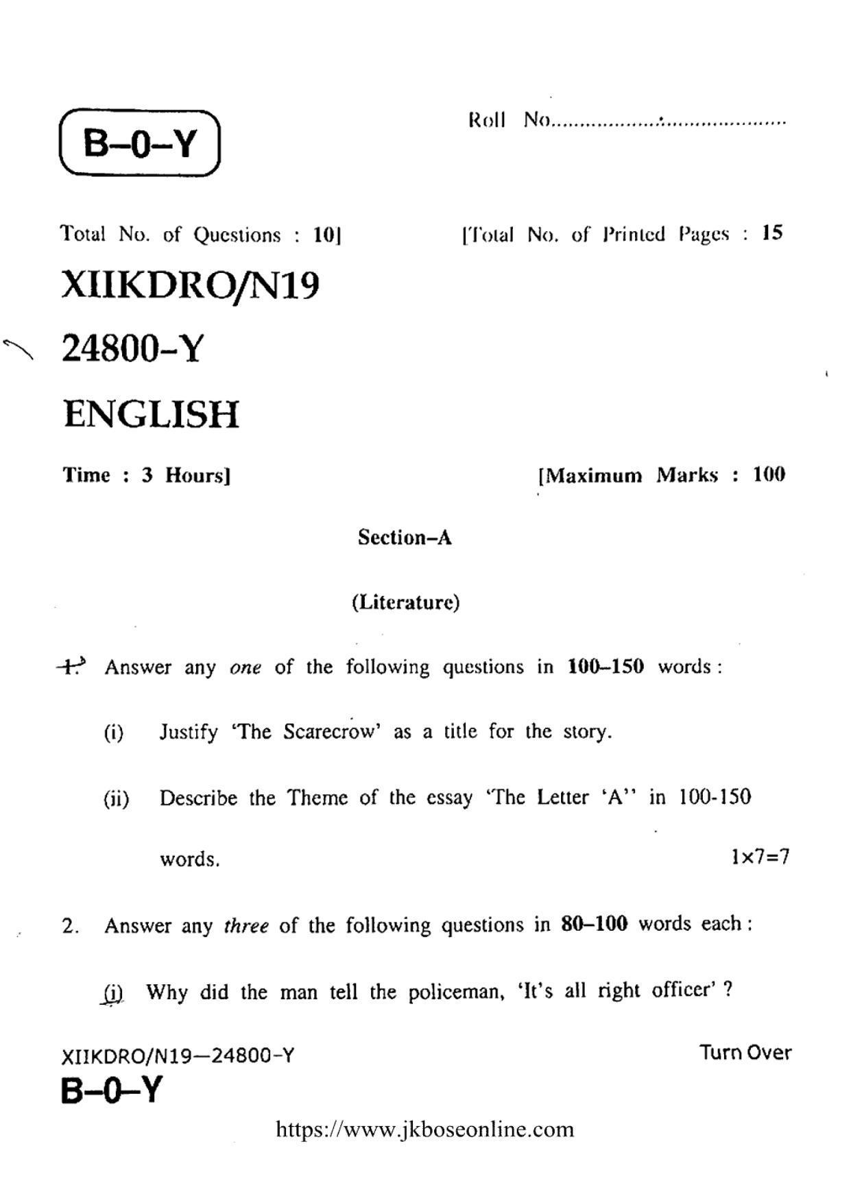 JKBOSE Class 12 English 24800-Y Question Papers 2019 - Page 1