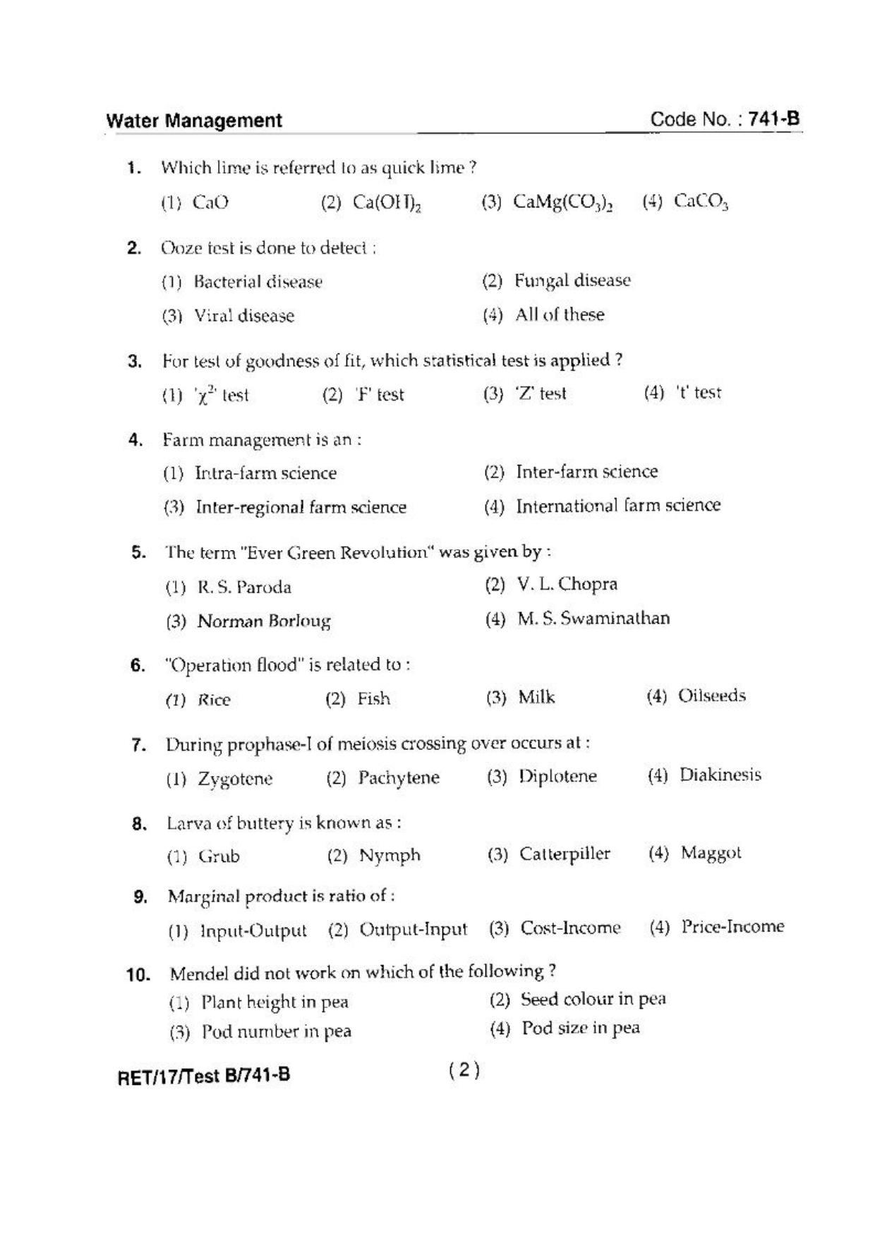 BHU RET(Agriculture) Water Management  2017 Question Paper - Page 4