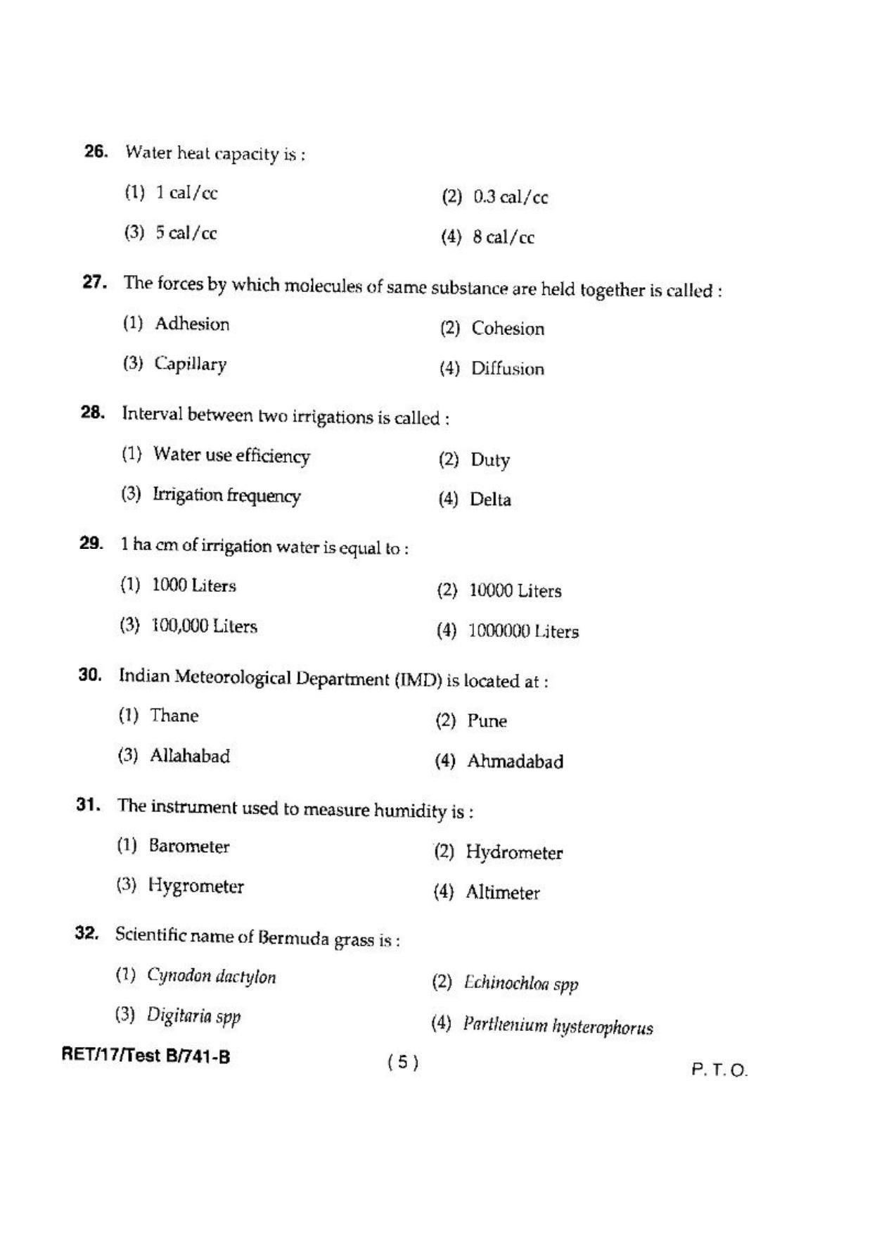 BHU RET(Agriculture) Water Management  2017 Question Paper - Page 7