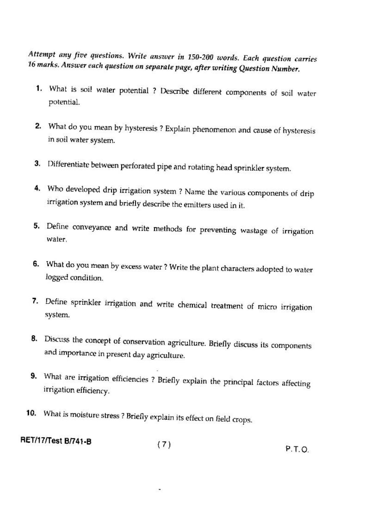BHU RET(Agriculture) Water Management  2017 Question Paper - Page 9