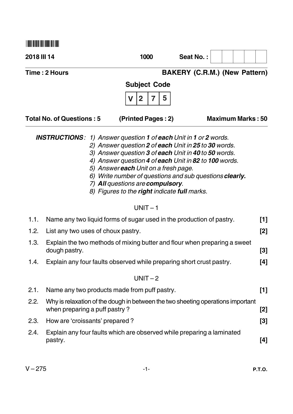 Goa Board Class 12 Bakery (C.R.M.)  Voc 275 New Pattern (March 2018) Question Paper - Page 1