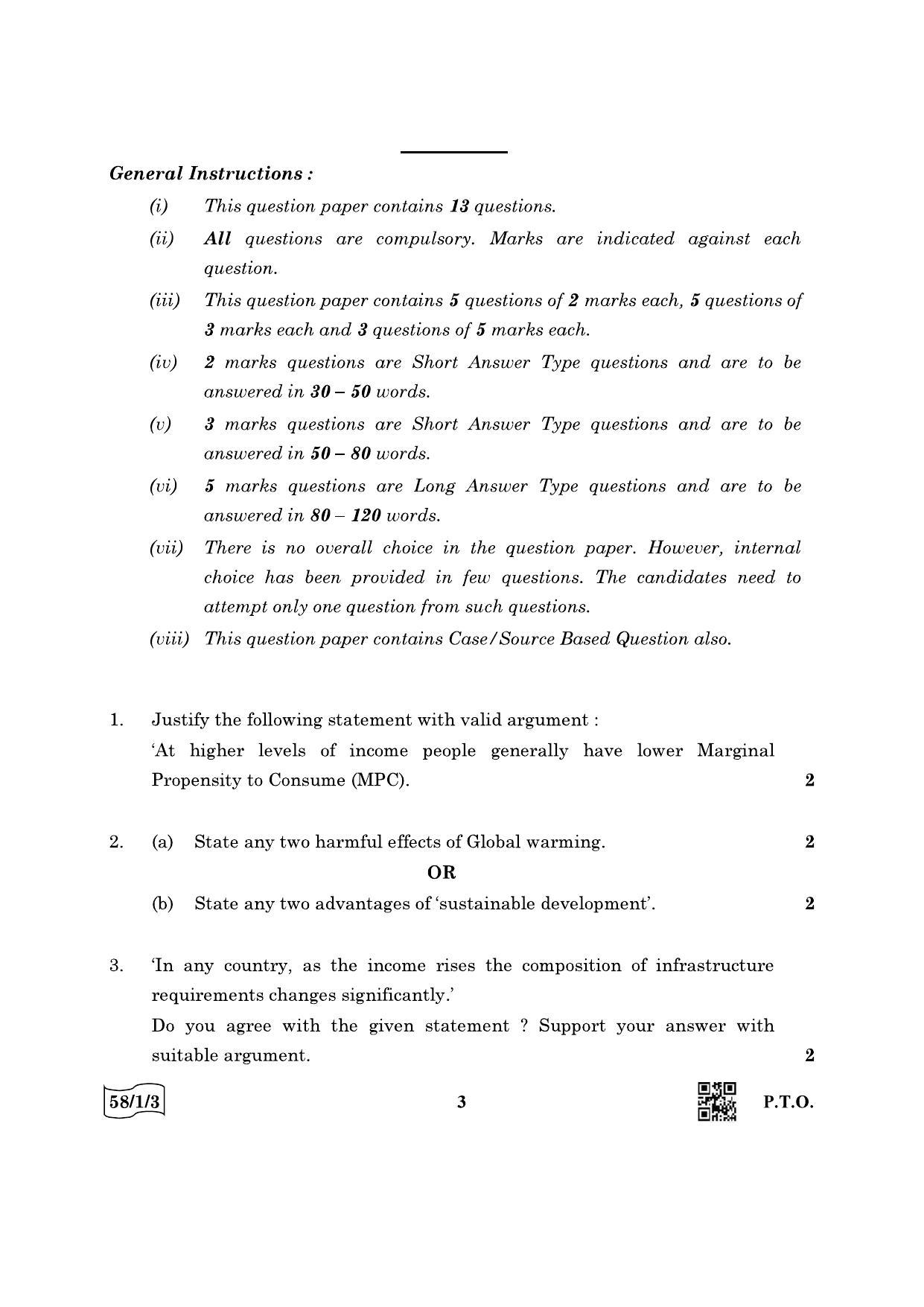 CBSE Class 12 58-1-3 Economics 2022 Question Paper - Page 3