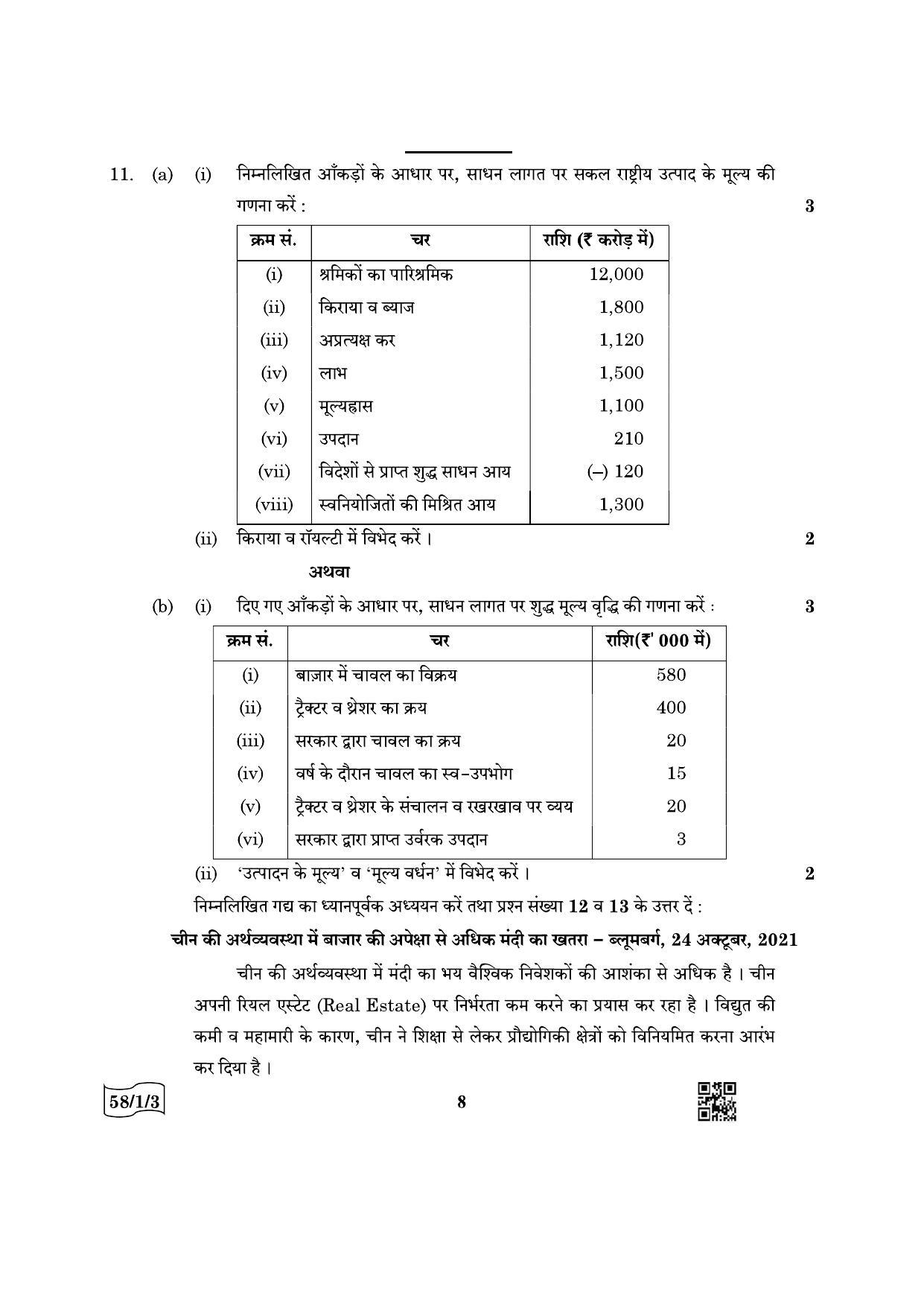 CBSE Class 12 58-1-3 Economics 2022 Question Paper - Page 8