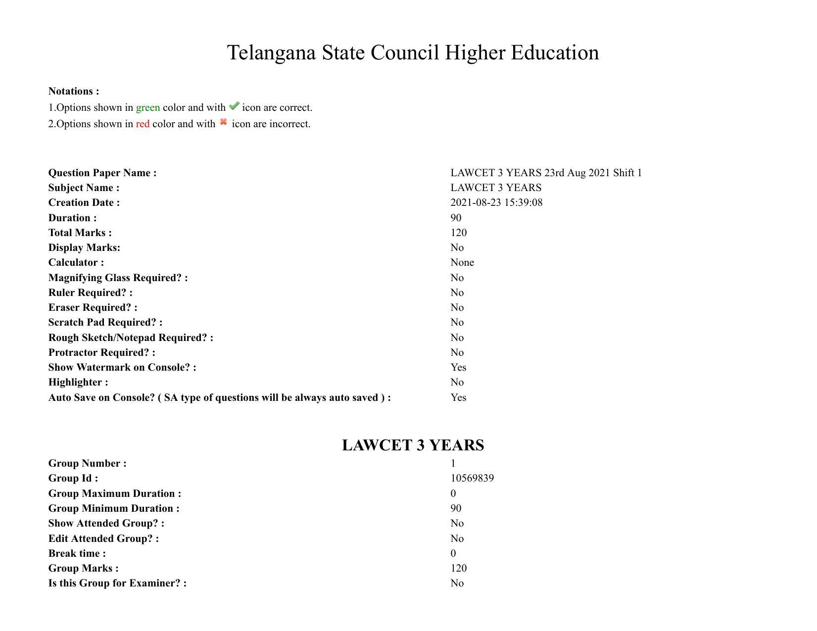 TS LAWCET 5 Year 2021 Shift 1 Question Paper with Answer Key - Page 1
