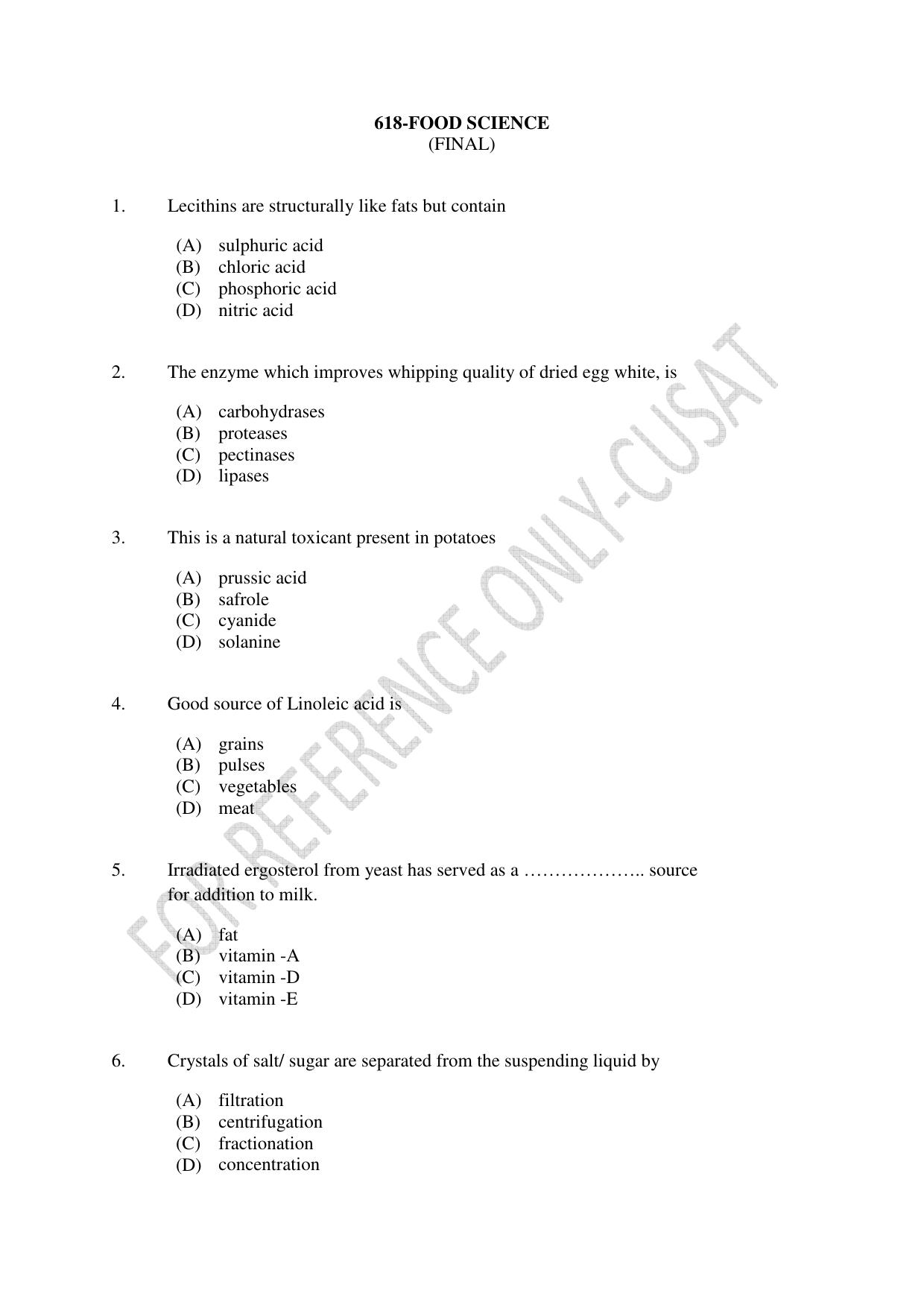 CUSAT CAT 2022 FOOD SCIENCE Question Paper - Page 1
