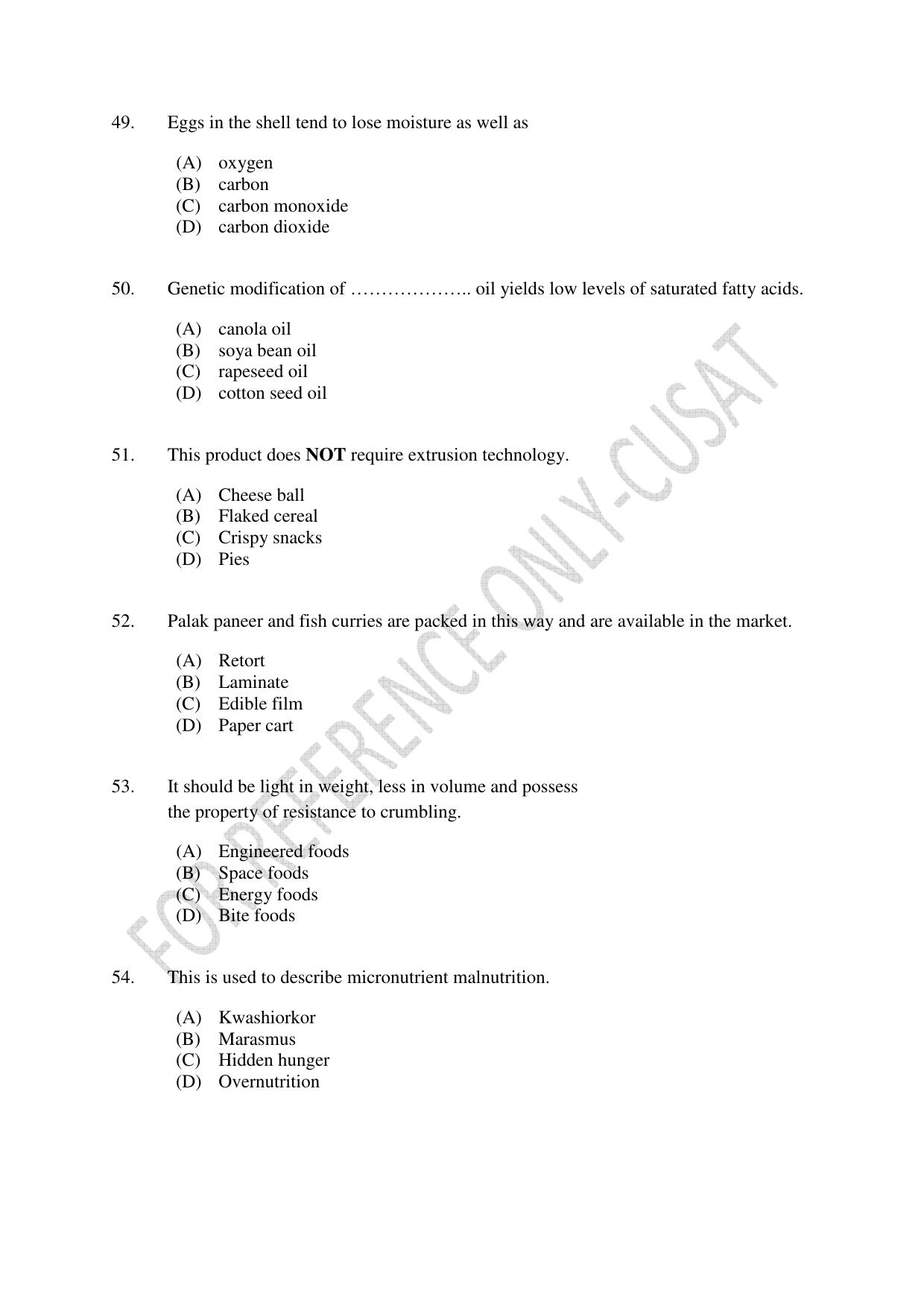 CUSAT CAT 2022 FOOD SCIENCE Question Paper - Page 9