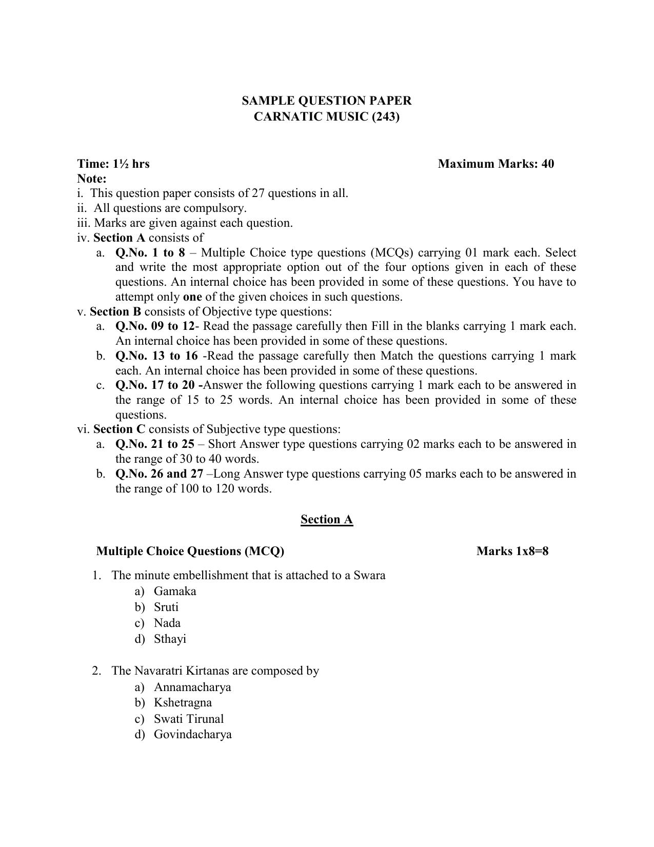NIOS Class 10 Carnatic Sangeet (243) Sample Paper - Page 1