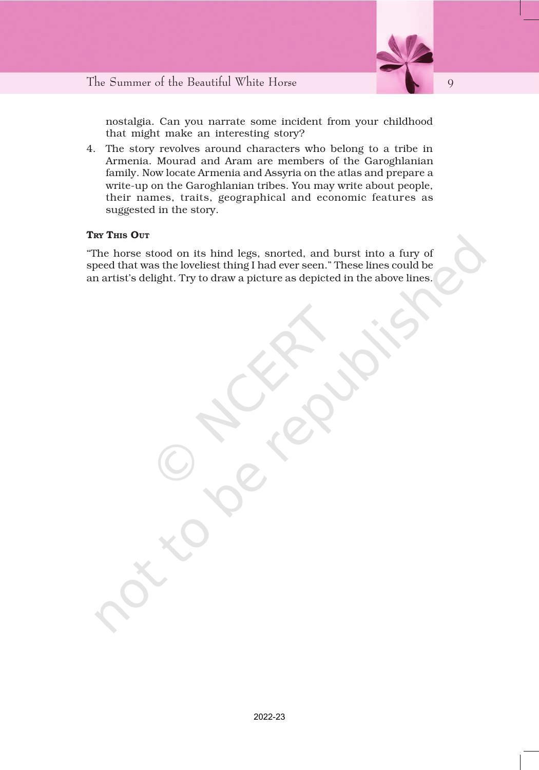 NCERT Book for Class 11 English Snapshots Chapter 1 The Summer of the Beautiful White Horse - Page 9