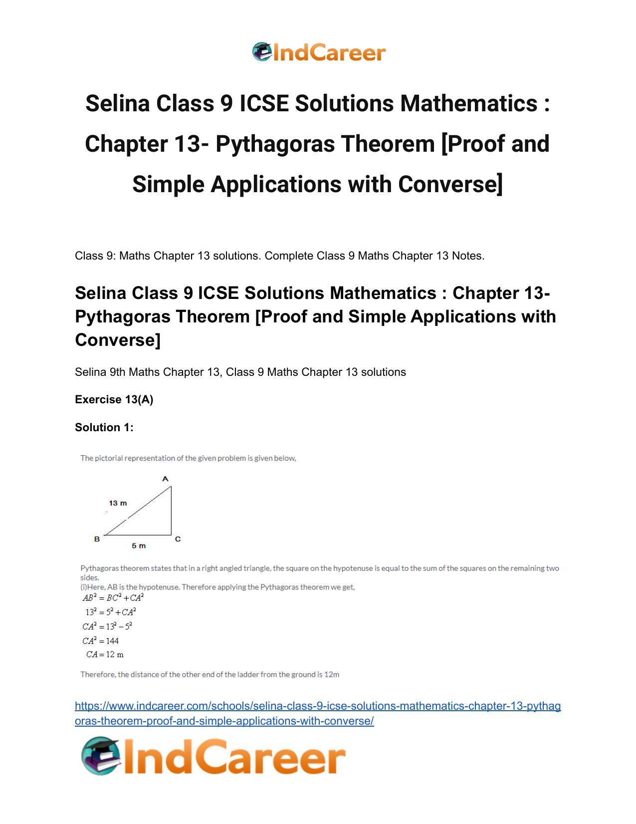 Selina Class 9 ICSE Solutions Mathematics : Chapter 13- Pythagoras Theorem [Proof and Simple Applications with Converse] - Page 2