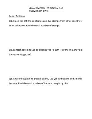 Worksheets for Class 2 Maths Assignment 98 Addition