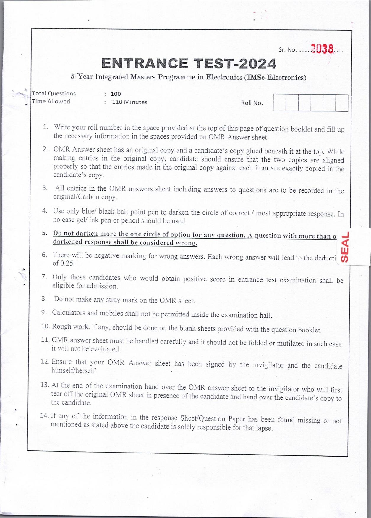 KUET 2024 Integrated Masters in Electronics Question Paper - Page 1