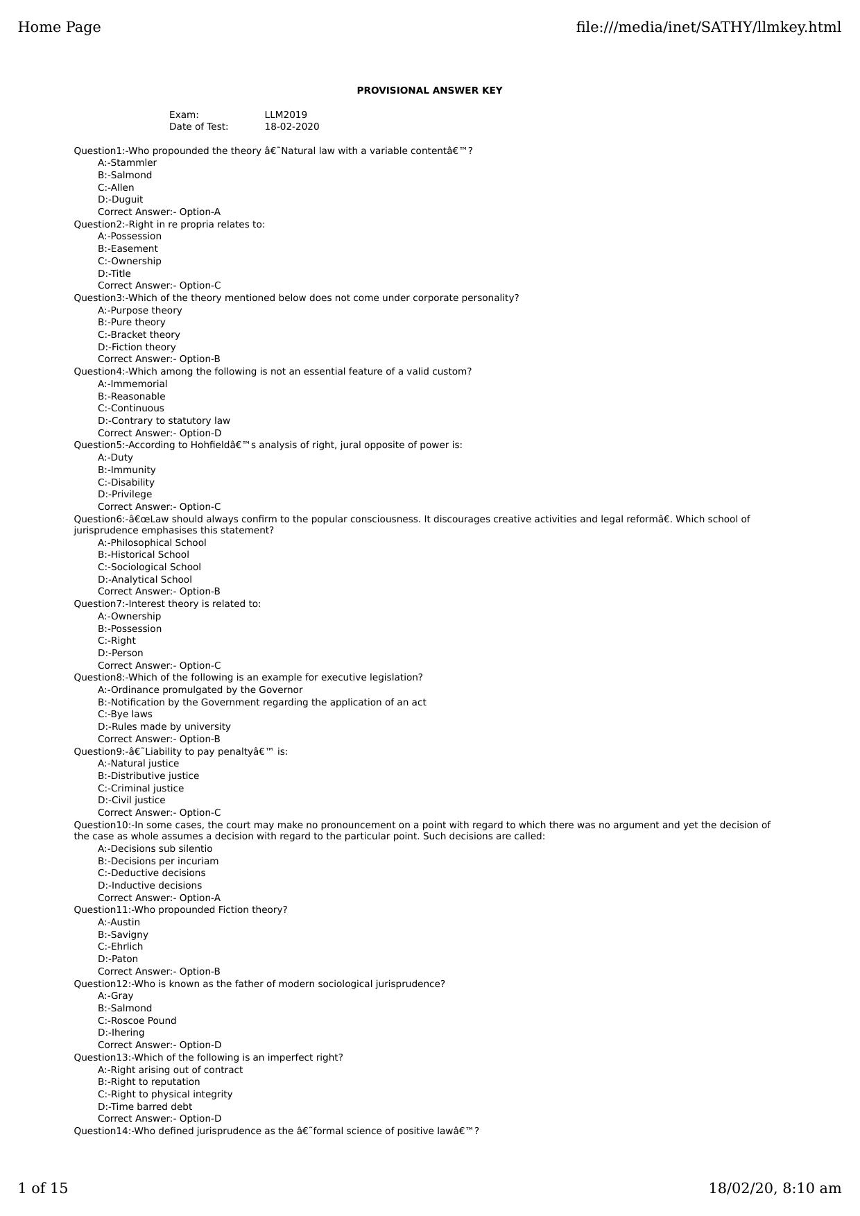Kerala CEE LLM 2019 Question Paper With Answers - Page 1