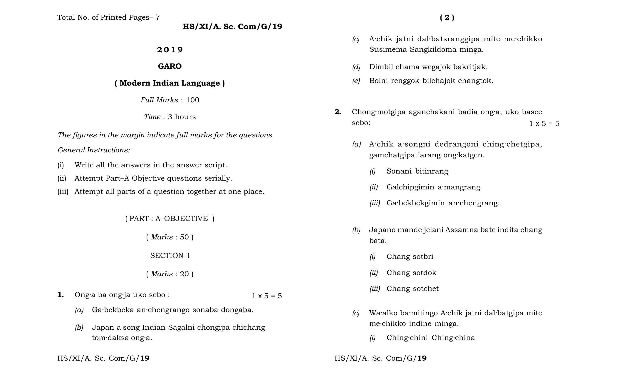 Meghalaya Board (MBOSE) Class 11 Garo_MIL 2019 Question Paper - Page 1