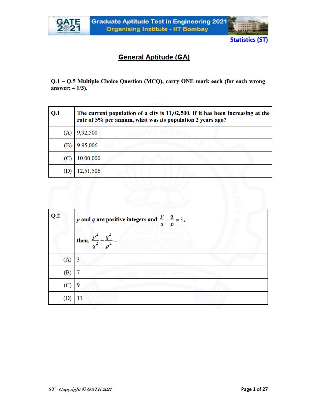 GATE 2021 Statistics (ST) Question Paper - Page 1
