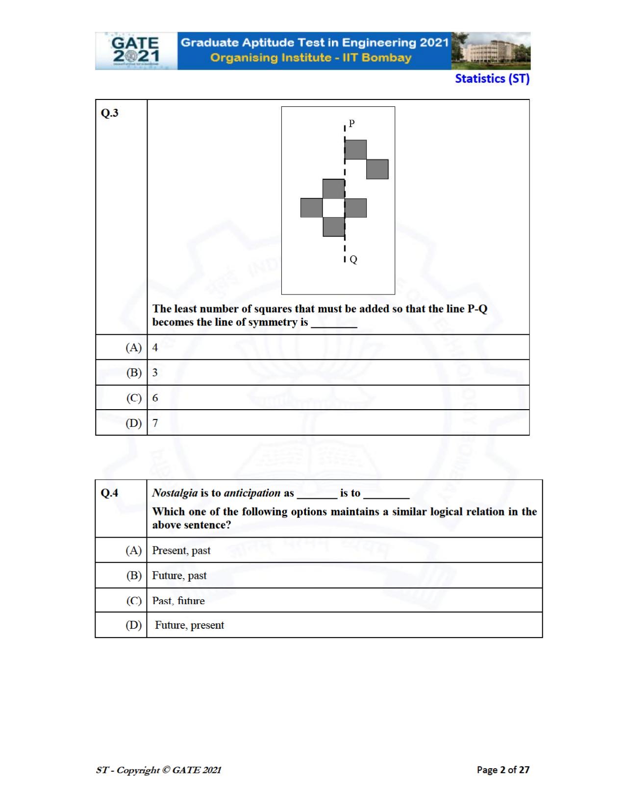 GATE 2021 Statistics (ST) Question Paper - Page 2