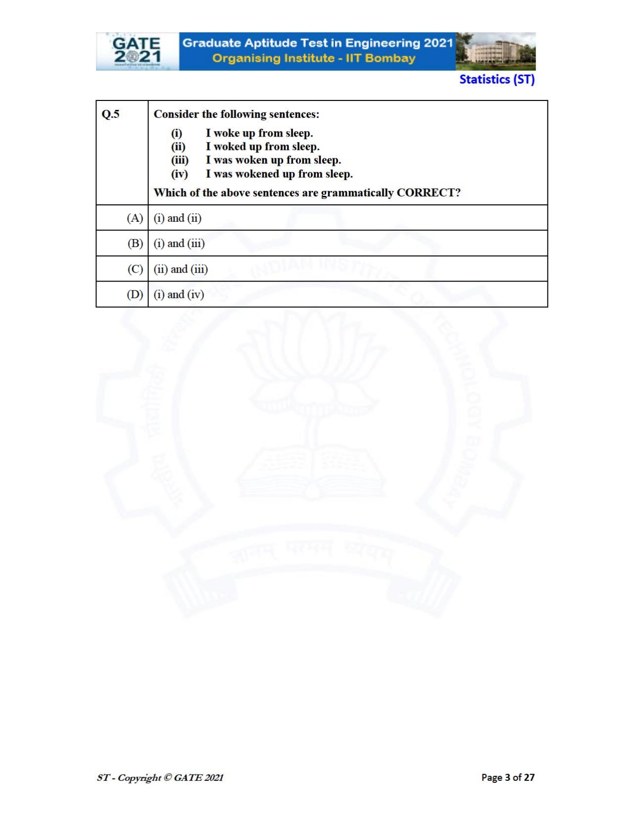 GATE 2021 Statistics (ST) Question Paper - Page 3