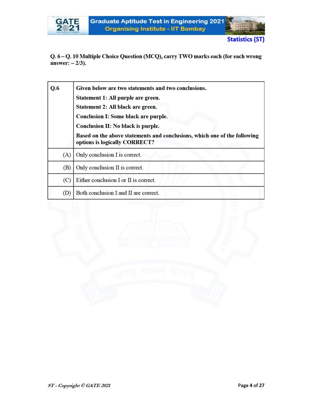 GATE 2021 Statistics (ST) Question Paper - Page 4