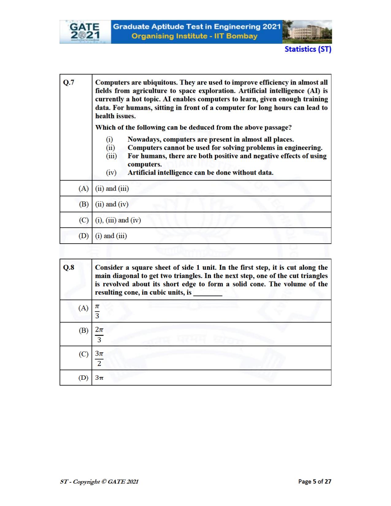 GATE 2021 Statistics (ST) Question Paper - Page 5