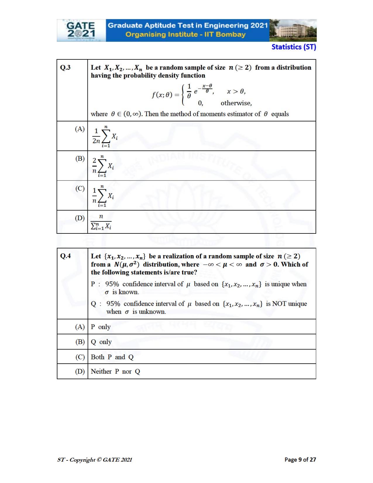 GATE 2021 Statistics (ST) Question Paper - Page 9