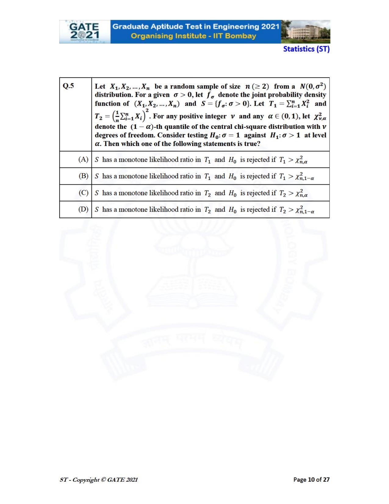 GATE 2021 Statistics (ST) Question Paper - Page 10