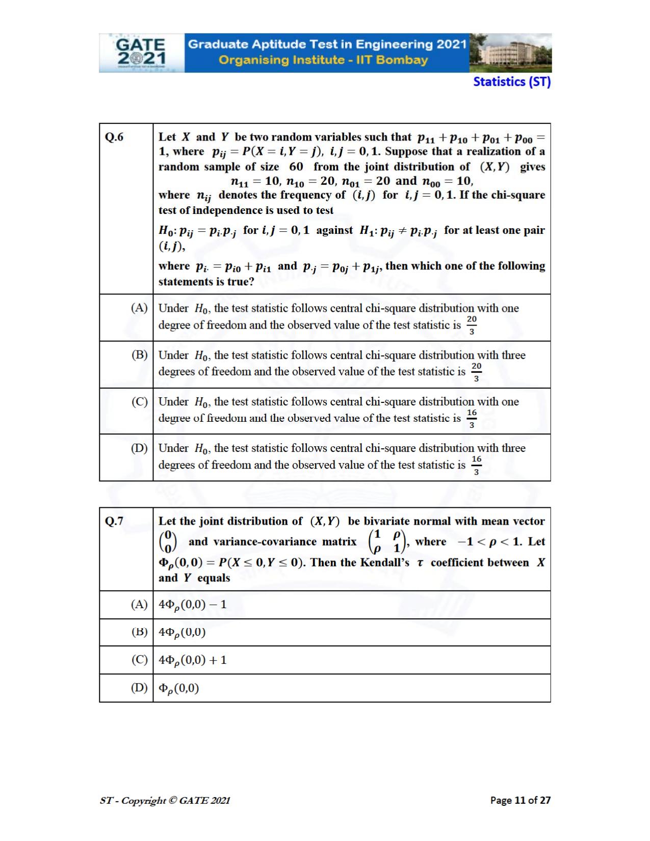 GATE 2021 Statistics (ST) Question Paper - Page 11