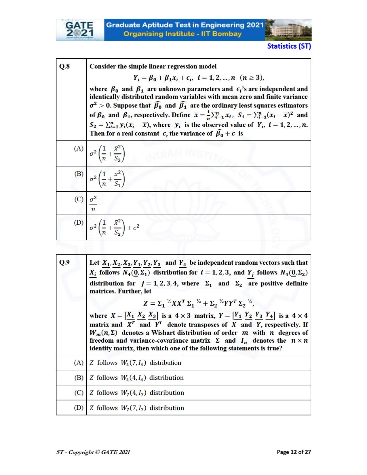 GATE 2021 Statistics (ST) Question Paper - Page 12