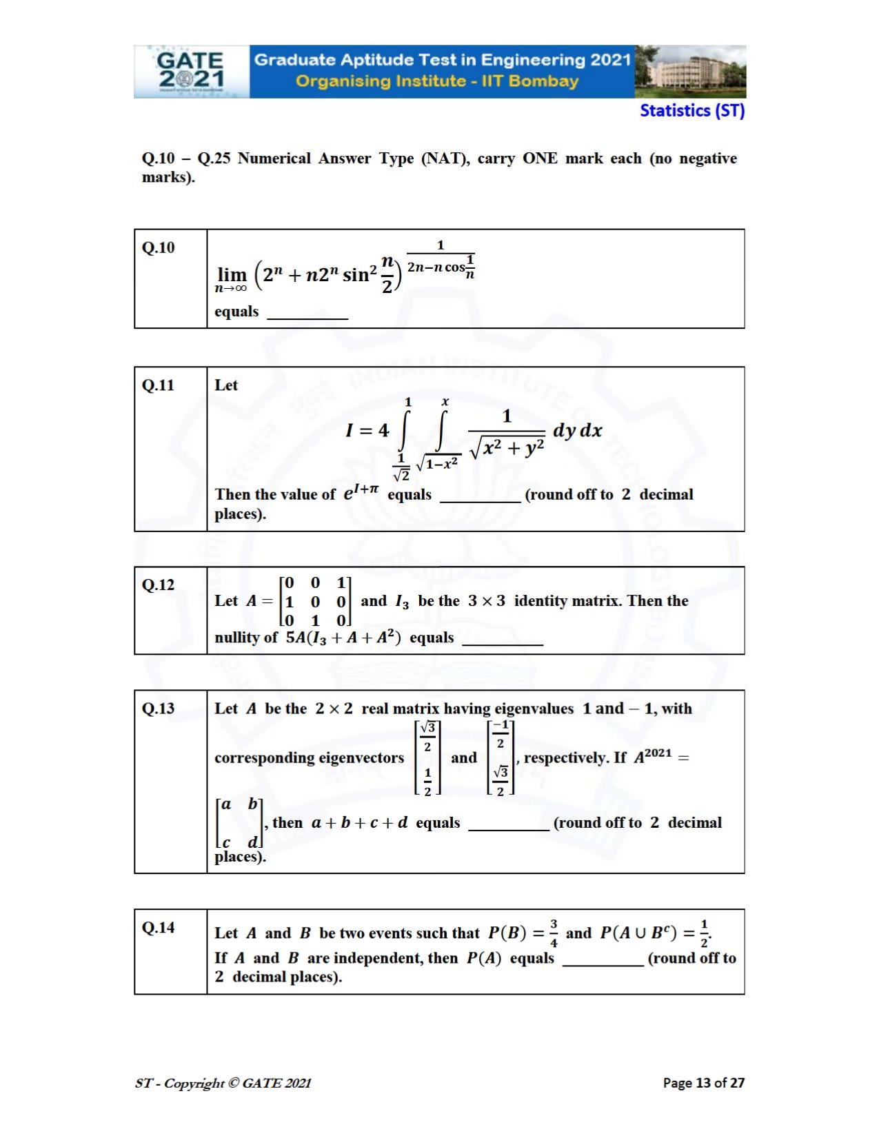 GATE 2021 Statistics (ST) Question Paper - Page 13