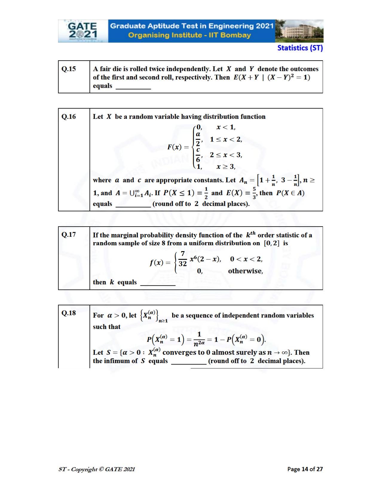 GATE 2021 Statistics (ST) Question Paper - Page 14