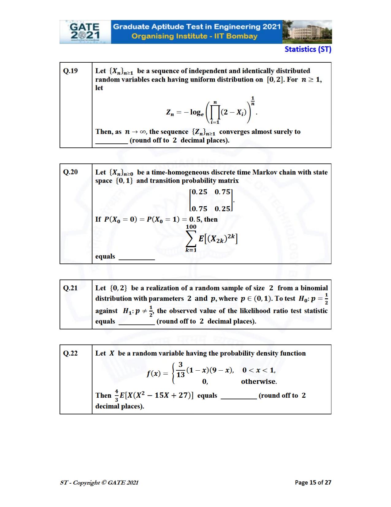 GATE 2021 Statistics (ST) Question Paper - Page 15