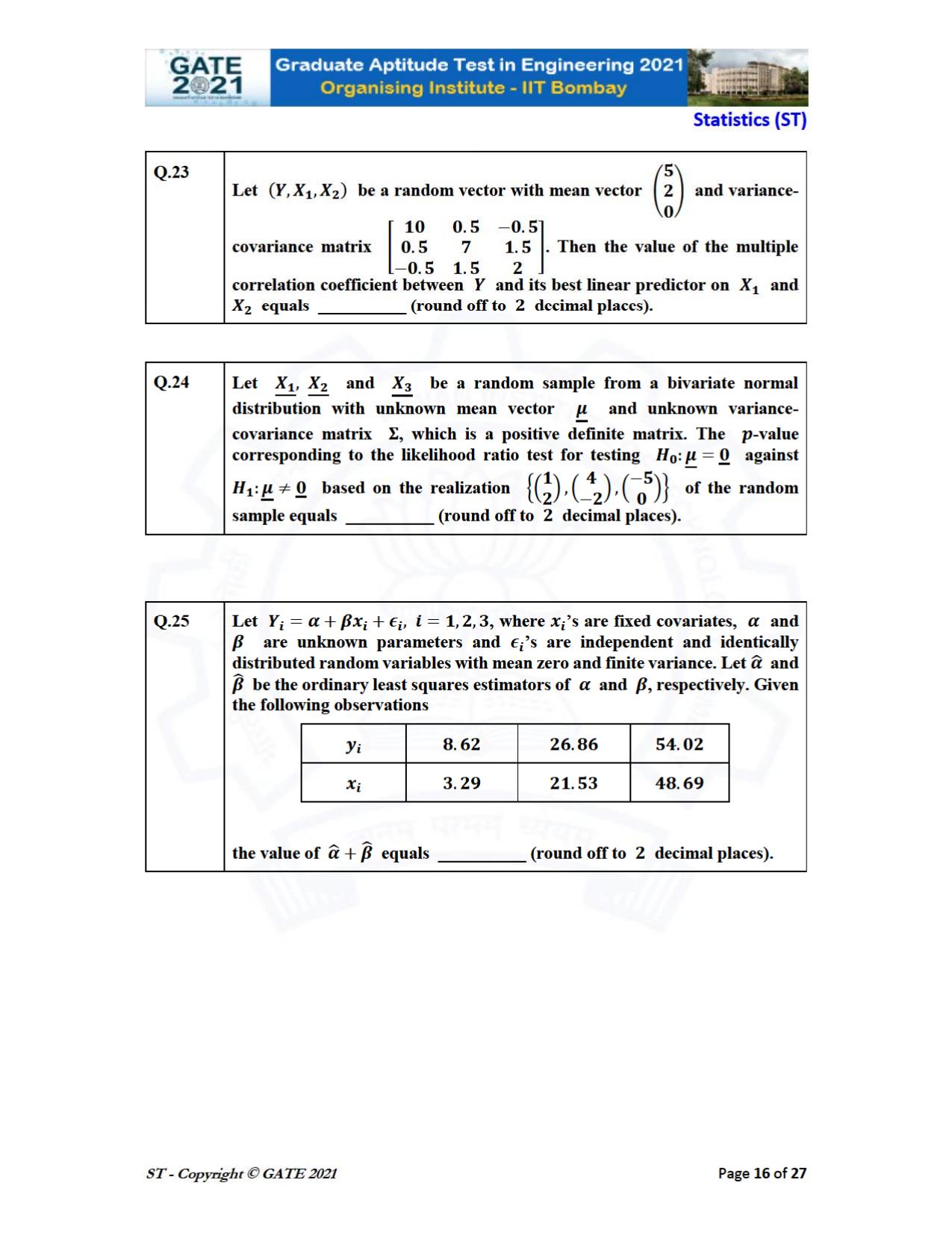GATE 2021 Statistics (ST) Question Paper - Page 16