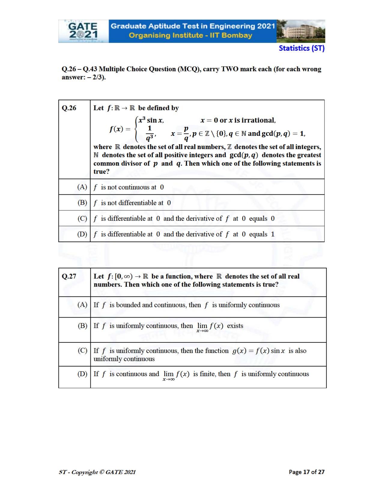 GATE 2021 Statistics (ST) Question Paper - Page 17
