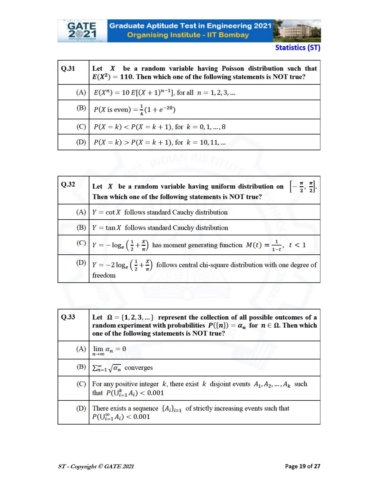 GATE 2021 Statistics (ST) Question Paper - Page 19